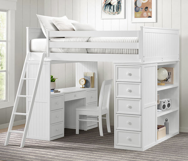 Full Loft Bed with Desk, Beadboard, and Five-Drawer Chest