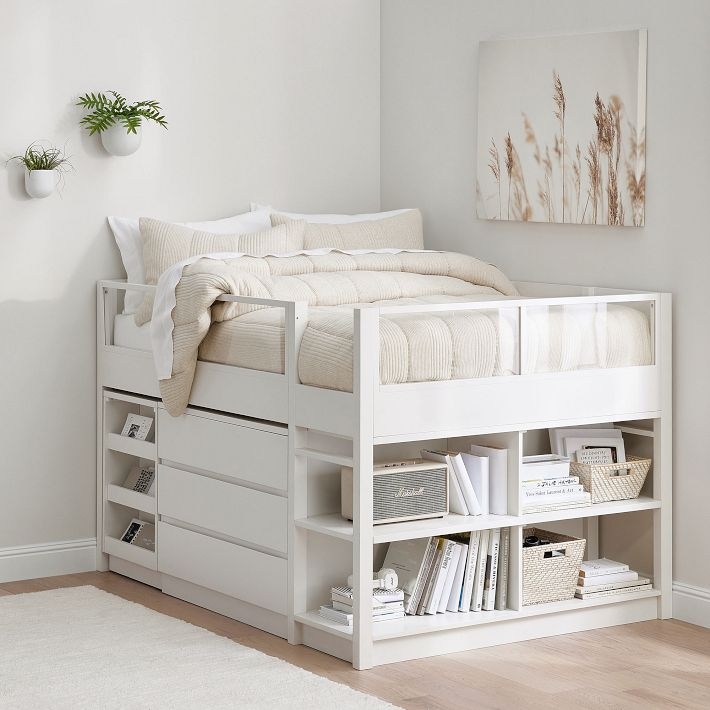 Full Low Loft Bed with Clear Safety Panel & Integrated Storage Drawers
