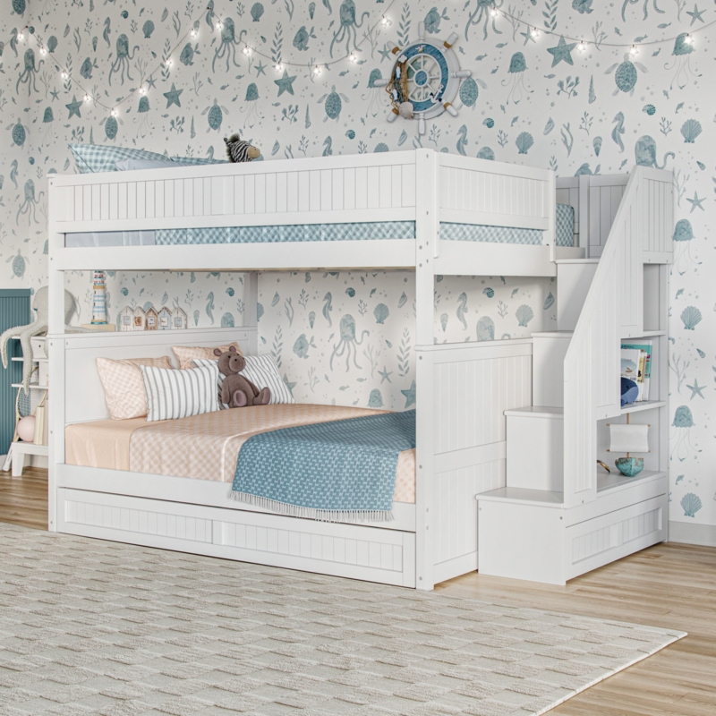 Full over Full Bunk Bed with Integrated Staircase and Beadboard in White