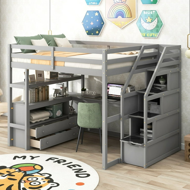 Full Size Matte Gray Loft Bed with Storage Stairs