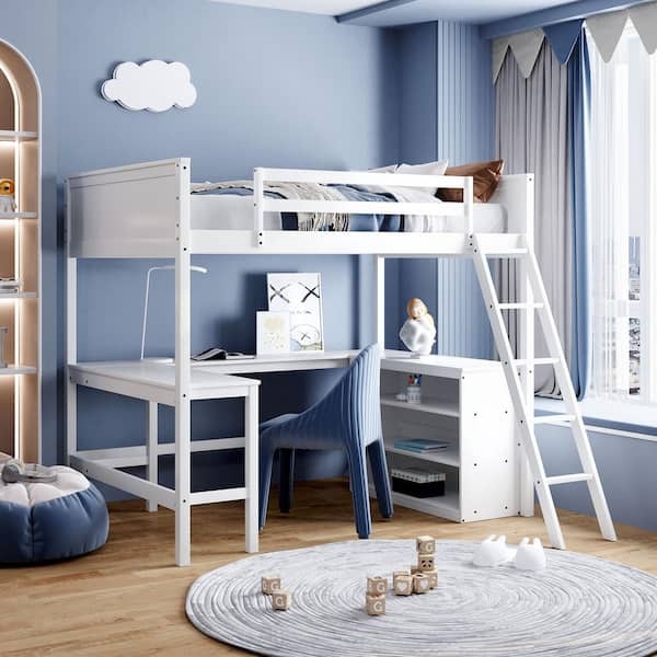 Full Size White Loft Bed with Integrated Desk and Bookcase
