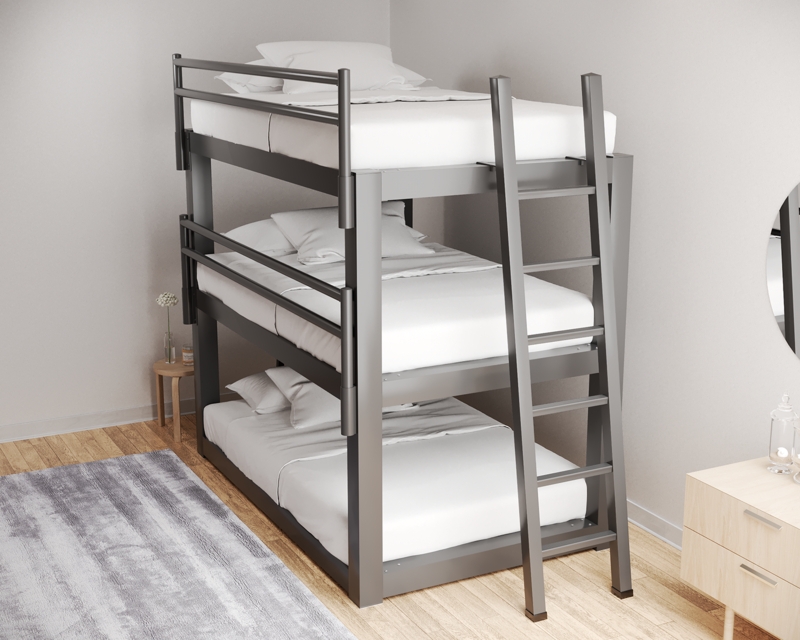 Full XL Triple Bunk Bed Charcoal Grey Metal Industrial