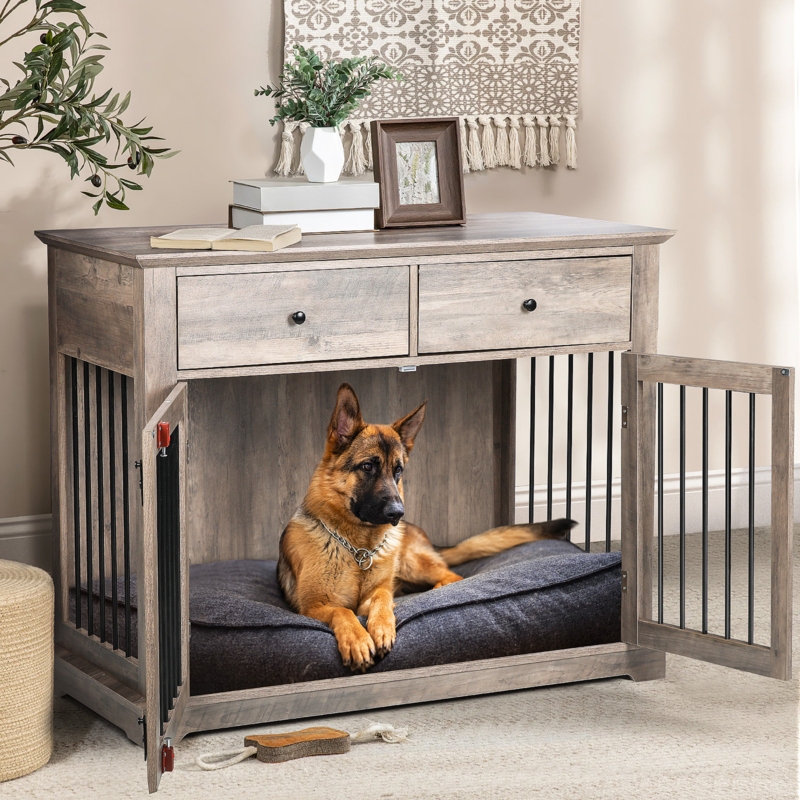 Furniture Dog Crate in Weathered Gray with Two Storage Drawers