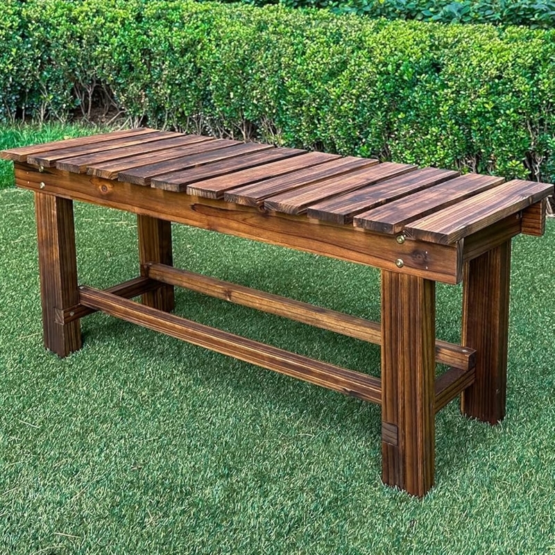 Garden Bench: Carbonized Finish, Slatted Seat, Lower Stretcher.