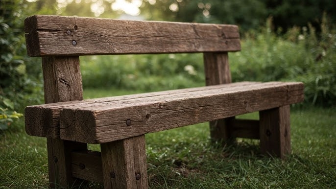 Garden Bench made of Chunky Beams with Weathered Finish
