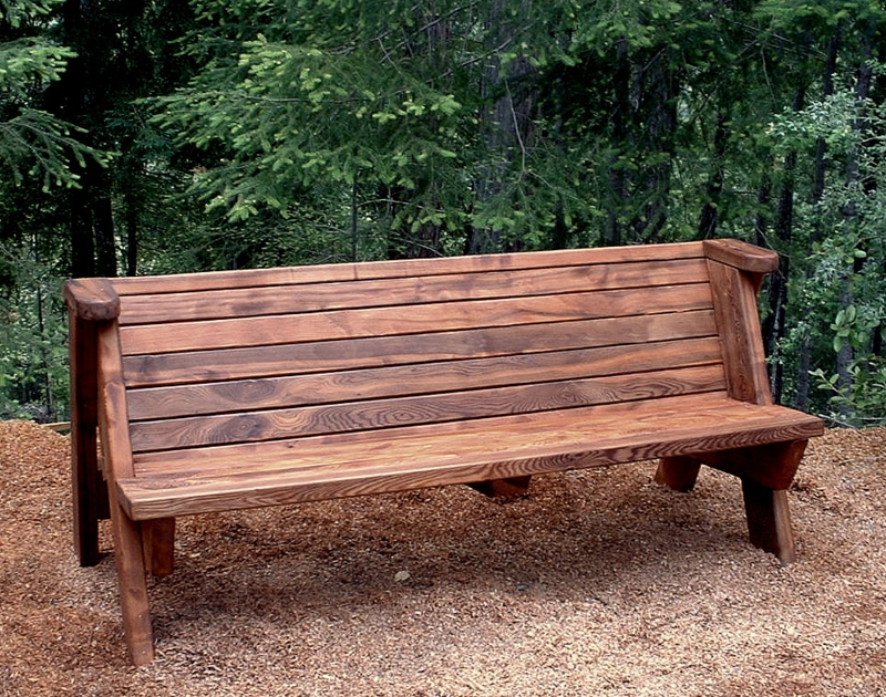 Garden Bench: Redwood Timber, Horizontal Slat Back, Durable.