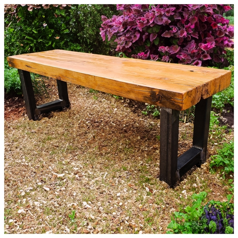 Garden Bench: Thick Slab Seat, H-Style Metal Legs, Visible Knots.