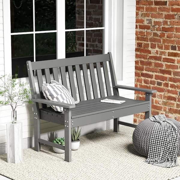 Garden Bench with Slate Gray Finish, Modern Slat Back Design