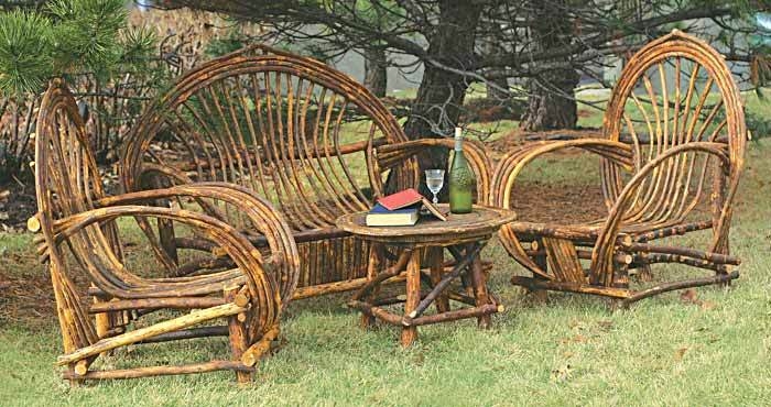 Garden Furniture Set: Handcrafted Willow Bench, Chairs, and Round Table