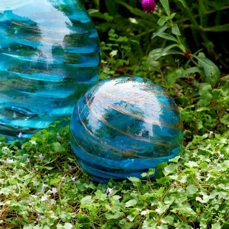 Garden Globe Gold Swirls Turquoise Glass Artisan Ornament