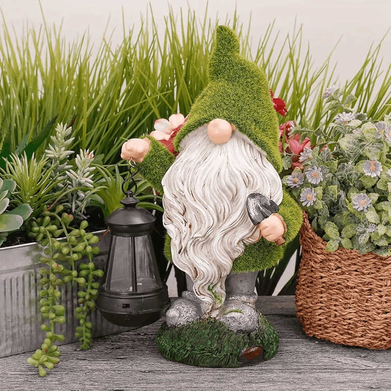 Garden Gnome Flocked Moss Solar Powered Lantern Sculpted Beard Rustic