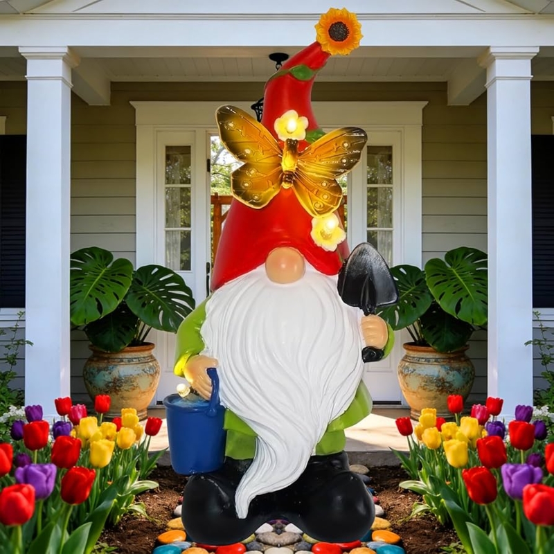 Garden Gnome Illuminated Patio Statue Oversized Solar Powered Butterfly
