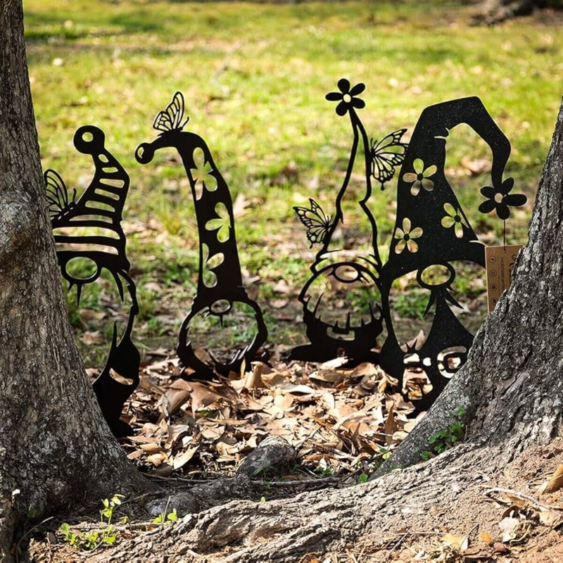 Garden Gnomes Set of 4 Matte Black Metal Silhouette Floral Cutouts