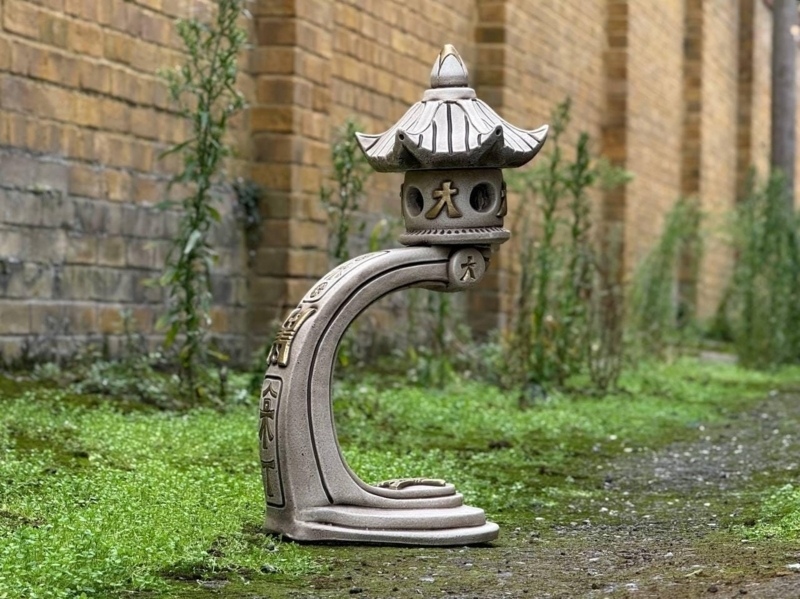 Garden Pagoda Lantern Curved Base Kanji Characters Cement Composite