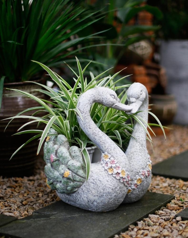 Garden Planter Swan Sculpture Heart Neck Pose Floral Garland Stone Gray