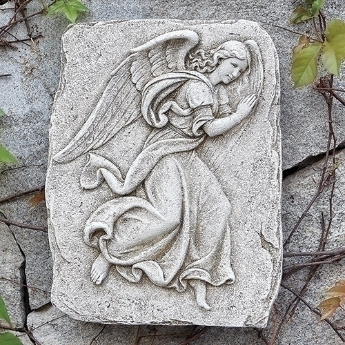 Garden Plaque Right Facing Angel Relief, Weathered Stone Decor