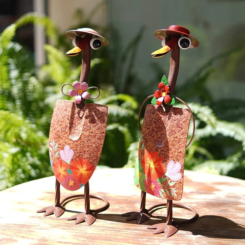 Garden Sculpture Shovel Head Ducks Hand Painted Florals Whimsical Hats