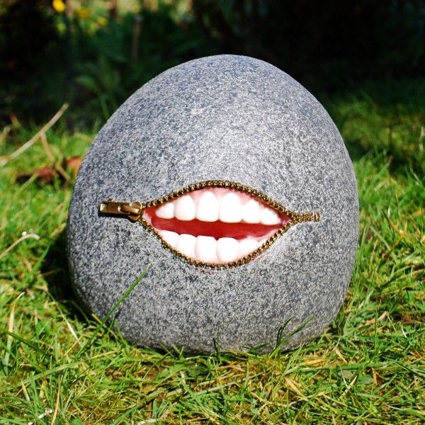 Garden Sculpture Zippered Mouth Rock Realistic Teeth Surrealist Art