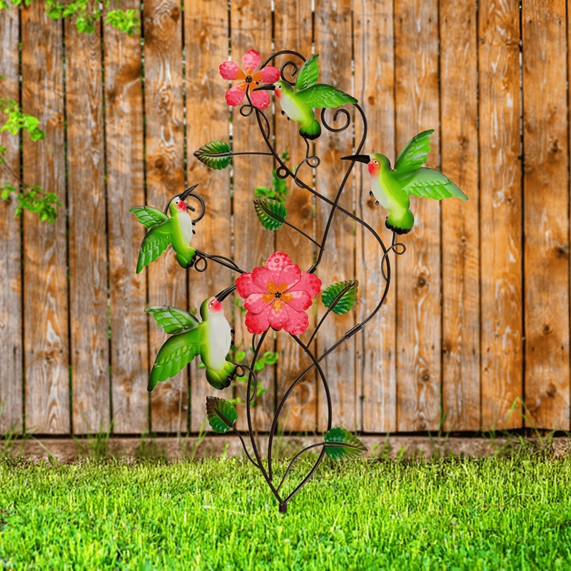 Garden Stake Hummingbird Motifs Scrollwork Frame Floral
