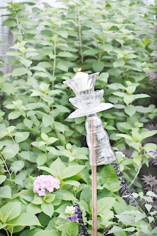 Garden Stake Stacked Clear Glass Tea Light Holder Copper Rod Vintage