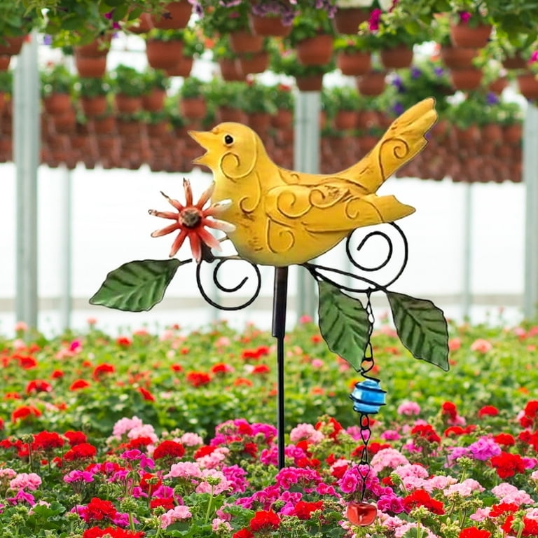 Garden Stake Yellow Bird Whimsical Embossed Swirls Hanging Charms Metal