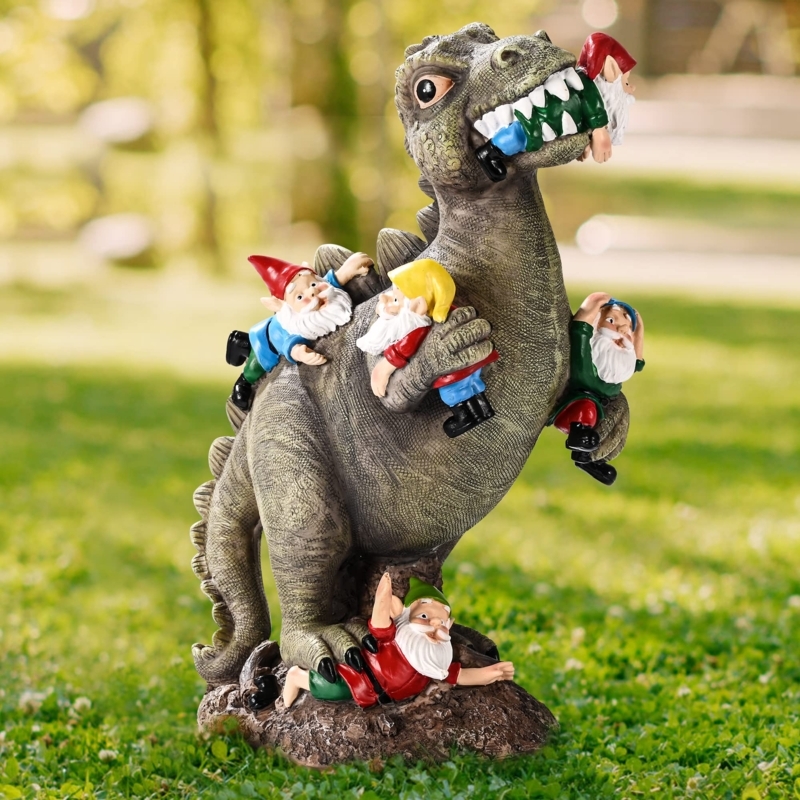Garden Statue Dinosaur Eating Gnomes Playful Narrative Hand Painted