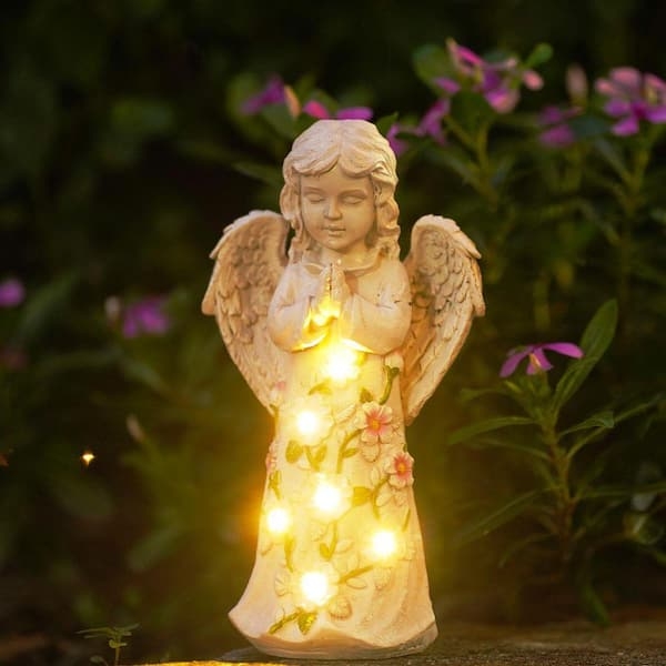 Garden Statue Glowing Angel Praying Pose Weathered Floral Relief