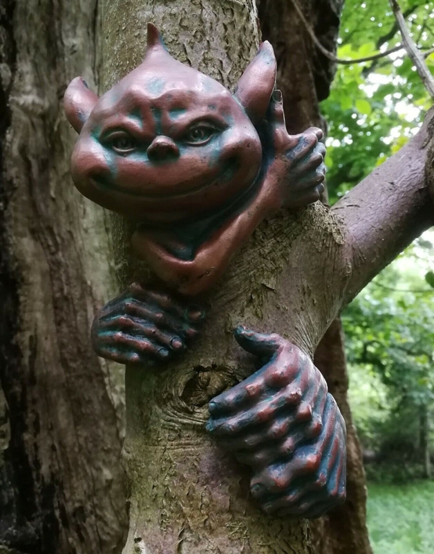 Garden Statue Goblin Tree Hugger Verdigris Patina Whimsical Peeker