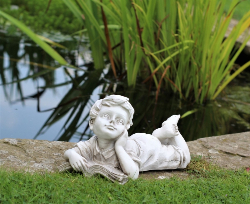 Garden Statue Lying Boy Reading Open Book Matte Antique White Stone