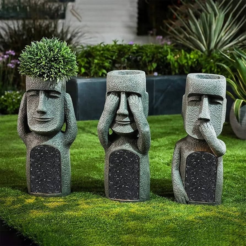 Garden Statue Moai Inspired Three Wise Motif Weathered Stone Planter