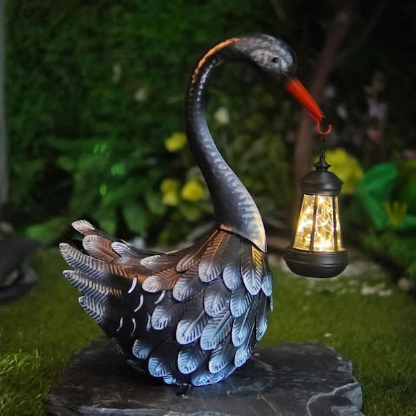 Garden Statue Swan Lantern Beak Held Solar Scalloped Metal Rustic