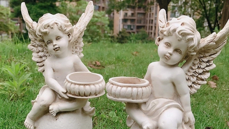 Garden Statues Winged Cherubs Pair with Integrated Vessels Creamy White