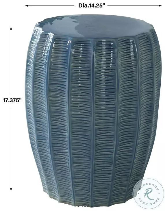 Garden Stool Aqua Blue Glazed Ribbed Texture Barrel Silhouette