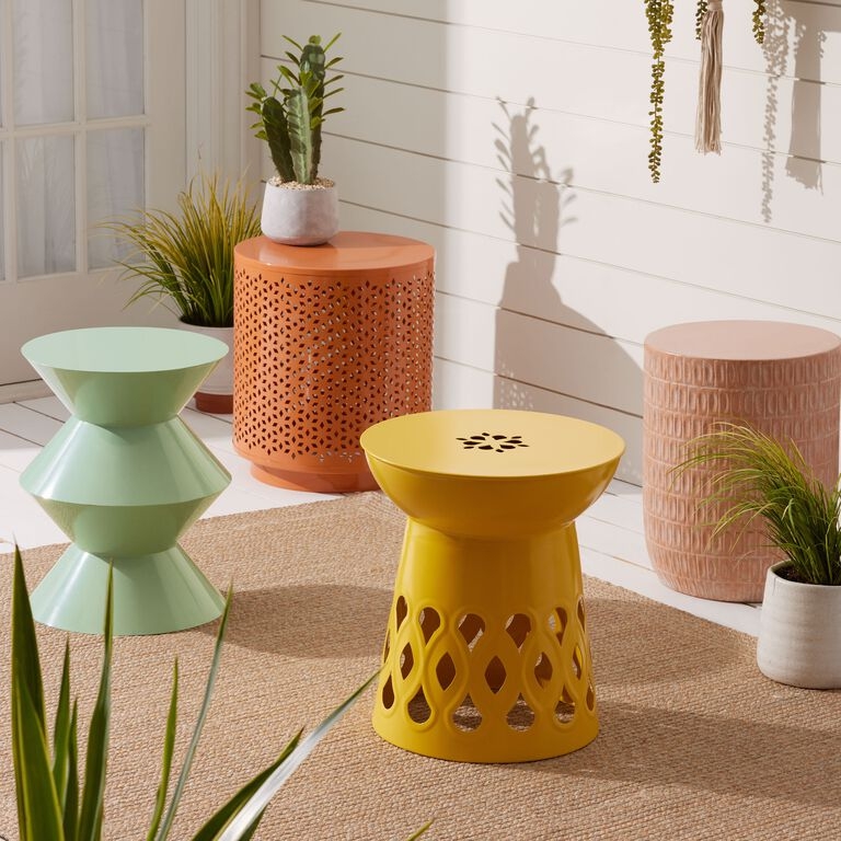 Garden Stool Coral Punched Metal Geometric Cutouts Cylindrical