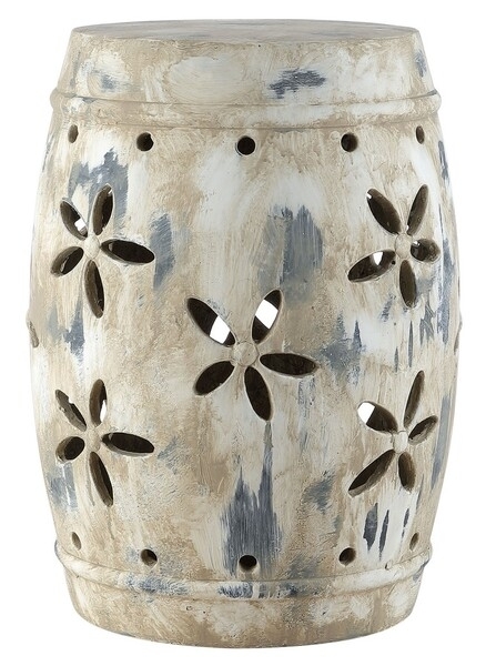Garden Stool Distressed Whitewash Floral Cutouts Barrel Rustic