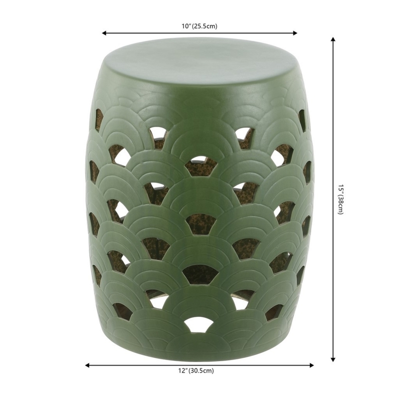 Garden Stool Moss Green Ceramic Scalloped Cutout Barrel Shape