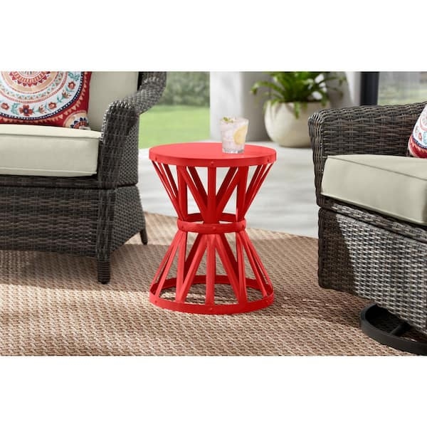Garden Stool Ruby Red Metal Slatted Sides Hourglass Shape Matte