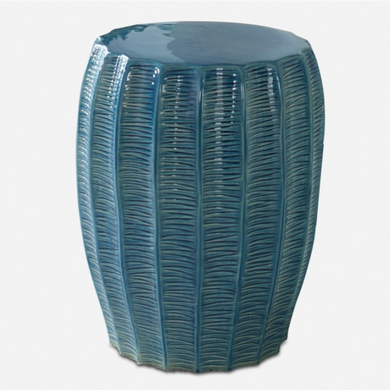 Garden Stool Scalloped Aqua Blue Ceramic Horizontal Etched Ribs