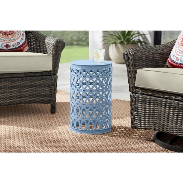 Garden Stool Surf Blue Metal Geometric Cutout Cylindrical Drum