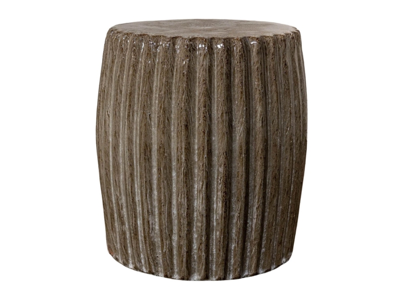 Garden Stool Taupe Glazed Pleated Sides Barrel Organic Modern