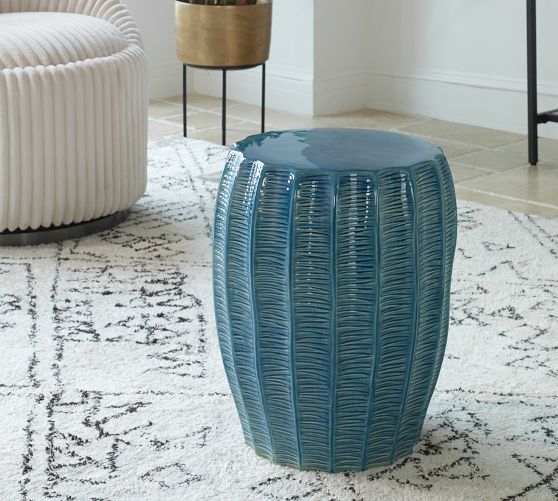 Garden Stool Teal Blue Glaze Etched Texture Vertical Ribbing Barrel