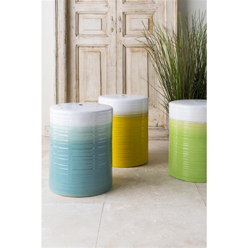 Garden Stool Turquoise Ombre Glaze Horizontal Ribbing Glossy