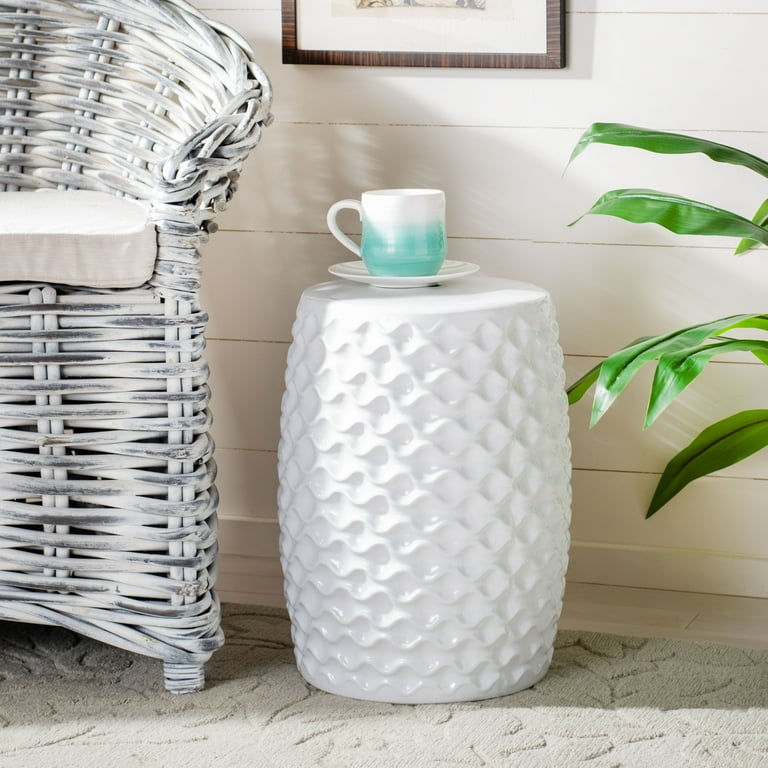 Garden Stool Wavy Texture Glossy White Ceramic Sculptural