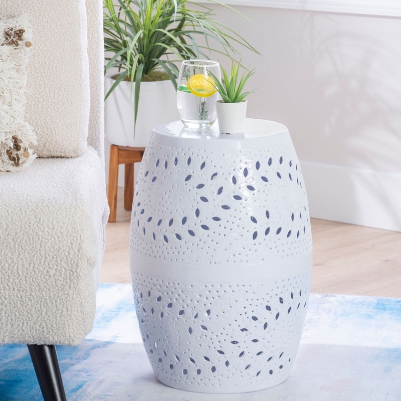 Garden Stool White Leaf Motif Perforated Barrel Ceramic