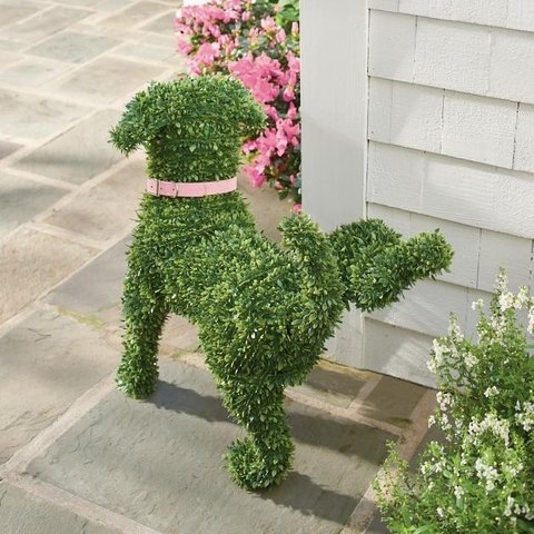 Garden Topiary Dog Silhouette Lifting Leg Pink Buckle Collar Leaf Green
