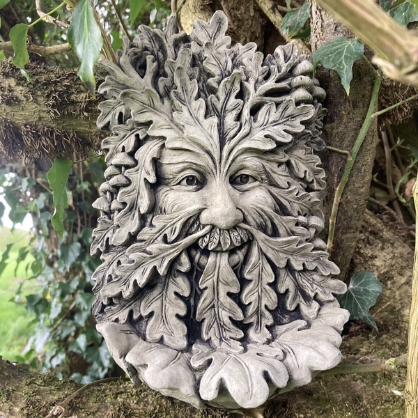 Garden Wall Plaque Treant Face, Oak Leaf Carvings, Resin Art