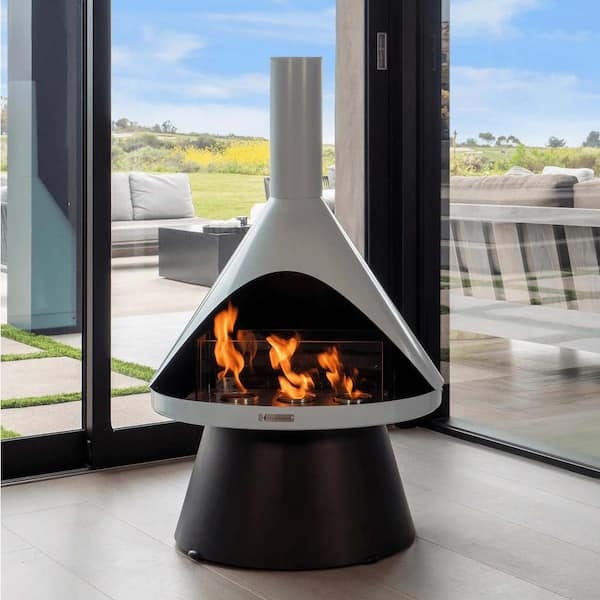 Gel Fuel Fireplace Mist Grey Hood Conical Silhouette Pedestal Base