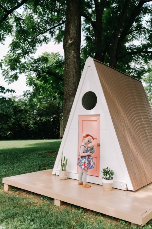 Geometric A-Frame Playhouse with Soft Pink Door & Platform