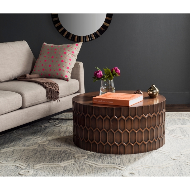 Geometric Honeycomb Coffee Table in Antique Copper, Drum Shape