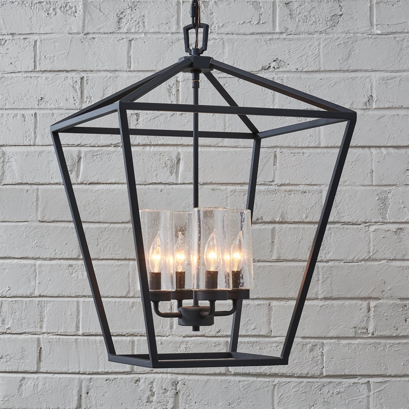 Geometric Open Frame Pendant with Seedy Glass, Transitional Porch Light.